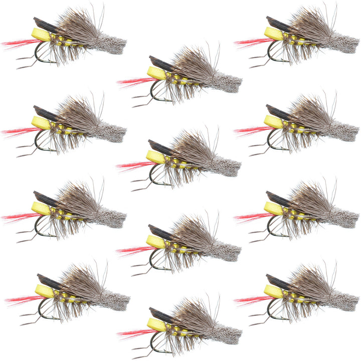 Dave's Hopper Yellow Foam Body Grasshopper Fly - 1 Dozen Flies Hook Size 10