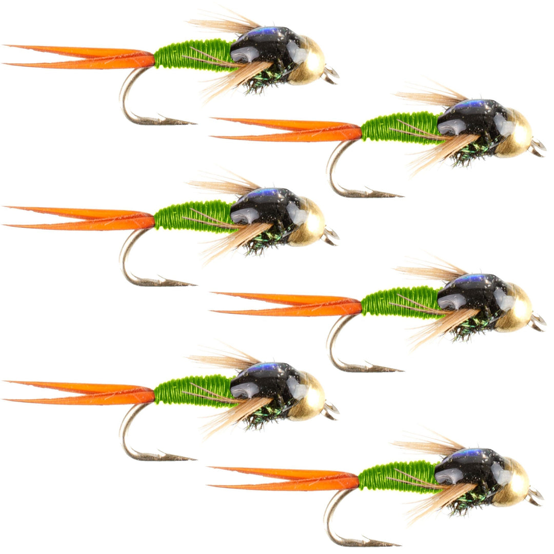 Tungsten Bead Head Chartreuse Copper John Nymph Fly Fishing Flies - Set of 6 Flies Hook Size 18