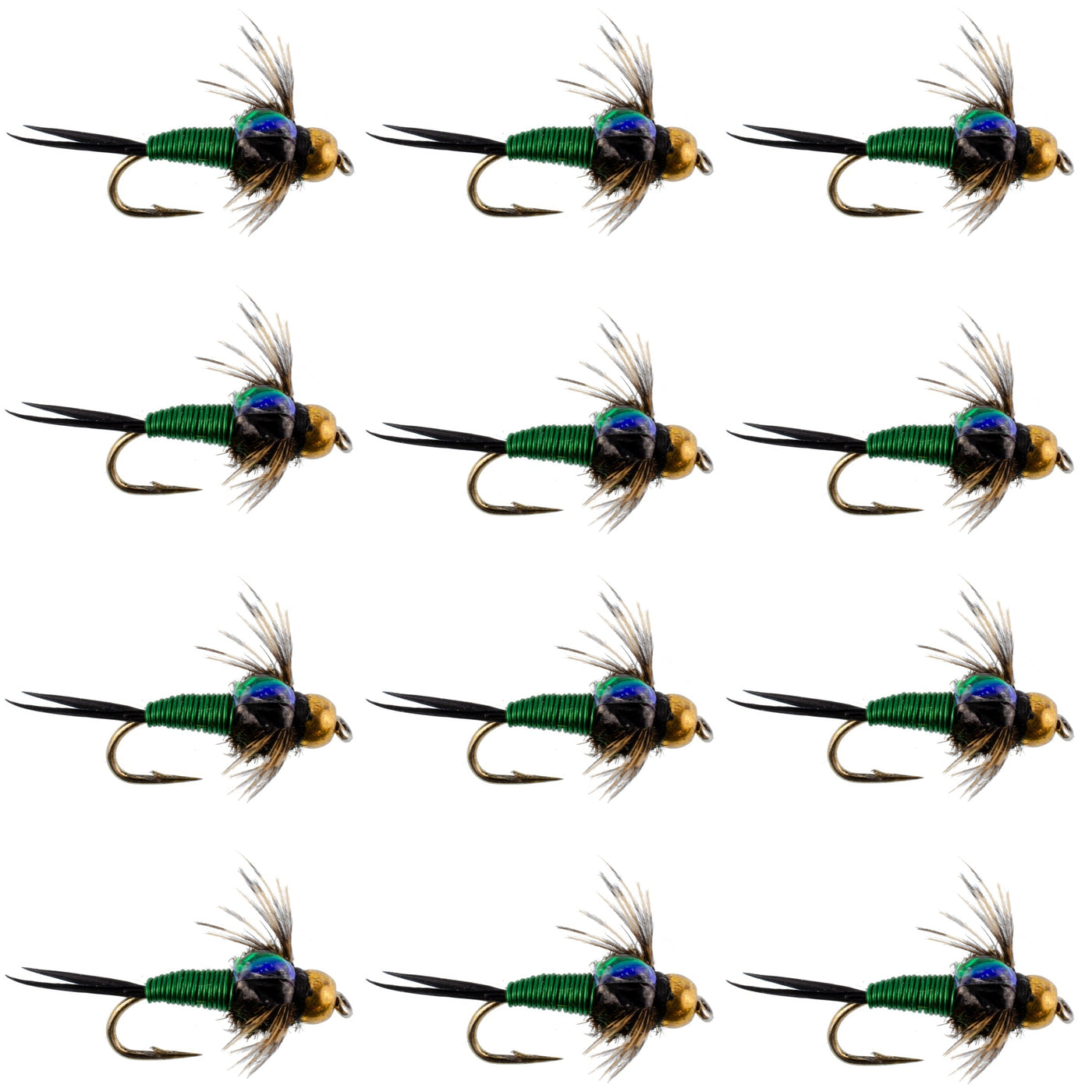 Bead Head Green Copper John Nymph Fly Fishing Flies - 1 Dozen Flies Hook Size 18