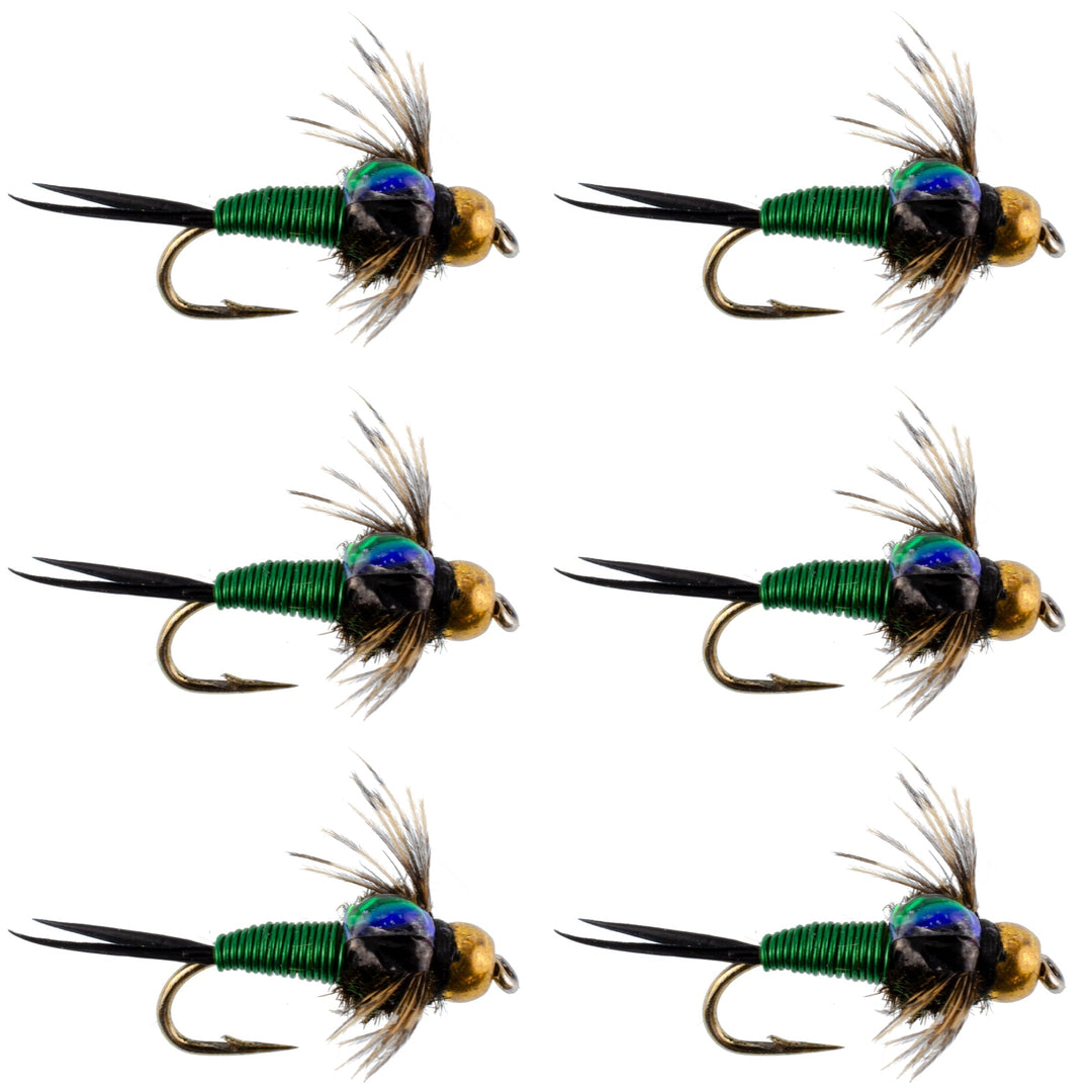 Bead Head Green Copper John Nymph Fly Fishing Flies - Set of 6 Flies Hook Size 18