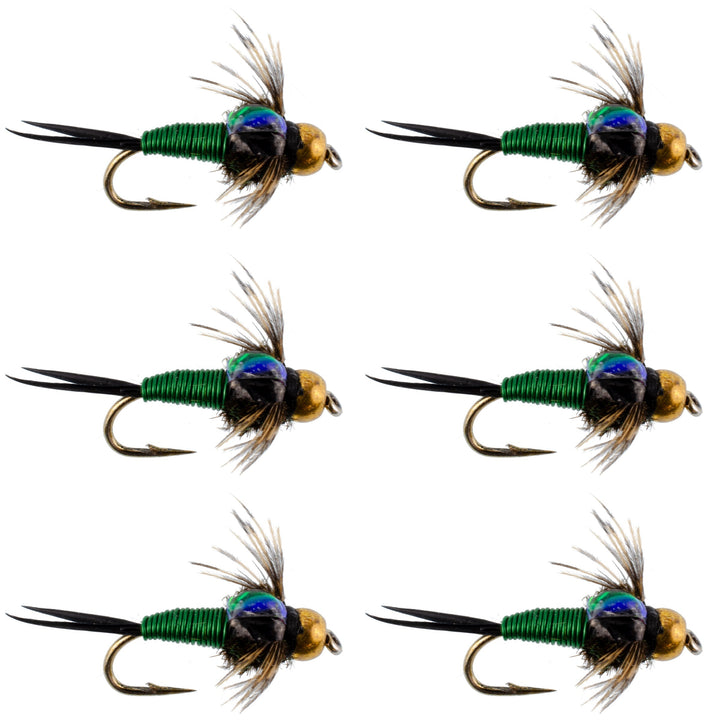 Bead Head Green Copper John Nymph Fly Fishing Flies - Set of 6 Flies Hook Size 18