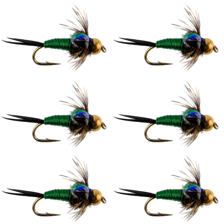 Bead Head Green Copper John Nymph Fly Fishing Flies - Set of 6 Flies Hook Size 16