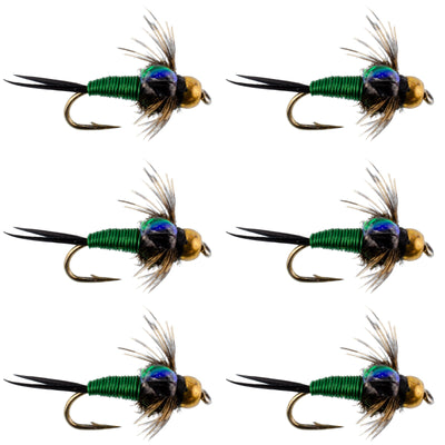 Bead Head Green Copper John Nymph Fly Fishing Flies - Set of 6 Flies Hook Size 16