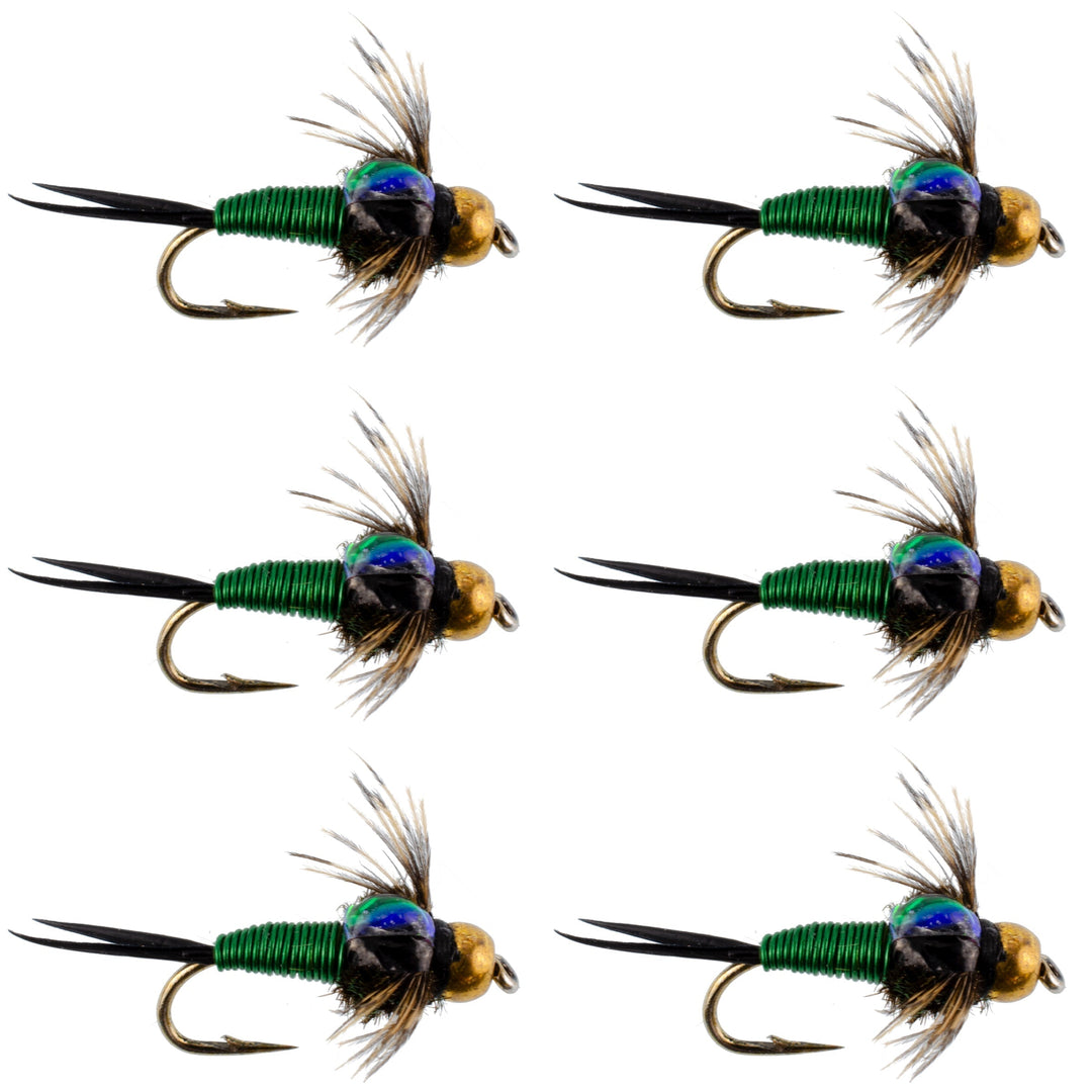 Bead Head Green Copper John Nymph Fly Fishing Flies - Set of 6 Flies Hook Size 12