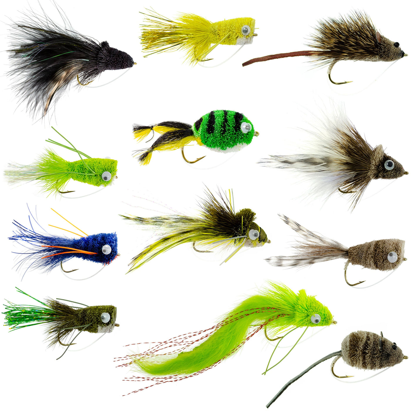 Bass Bug Collection - Set of 12 Bass Fly Fishing Flies - Surface Poppers Frog, Rat, Mouse and Divers  - Hook Sizes 2,4, 6 and 8