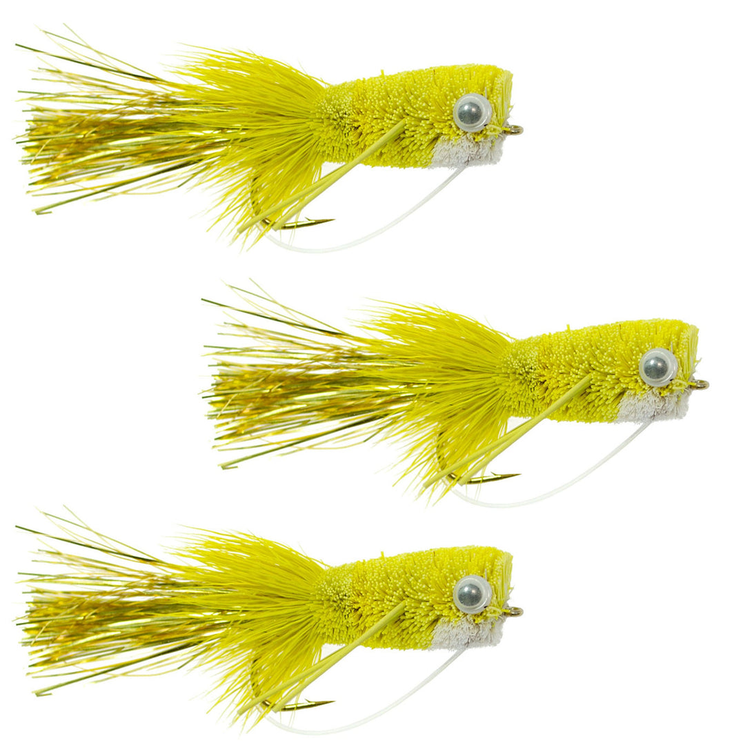 3 Pack Flashtail Bass Popper Size 8 - Yellow Bass Fly Fishing Bug Wide Gape Bass Hooks With Weed Guard