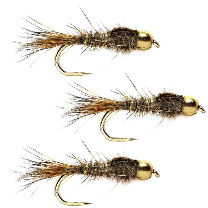 3 Pack Barbless Bead Head Gold Ribbed Hare's Ear Nymph Flies Hook Size 14