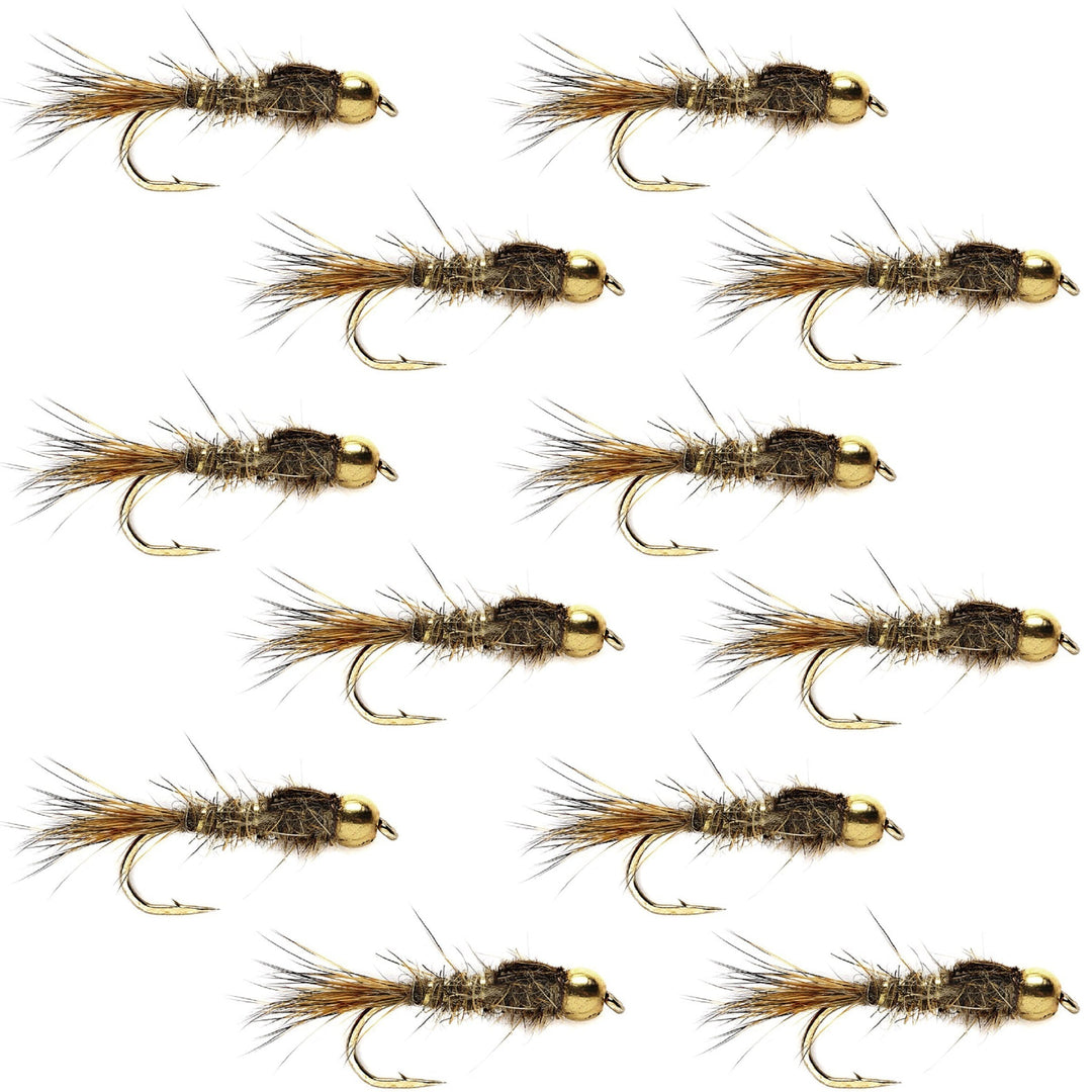 Tungsten Bead Head Gold Ribbed Hares Ear Nymph 1 Dozen Flies - Size 18