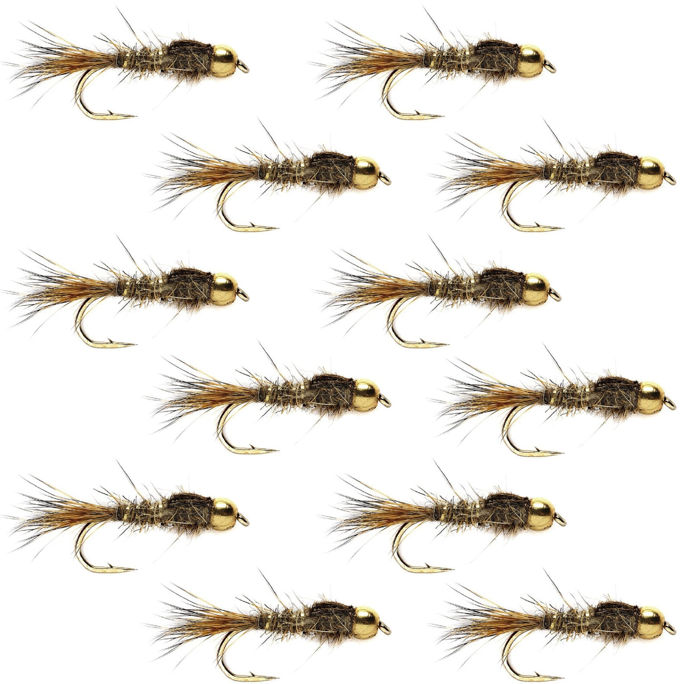 Bead Head Gold Ribbed Hares Ear Nymph 1 Dozen Flies - Size 12