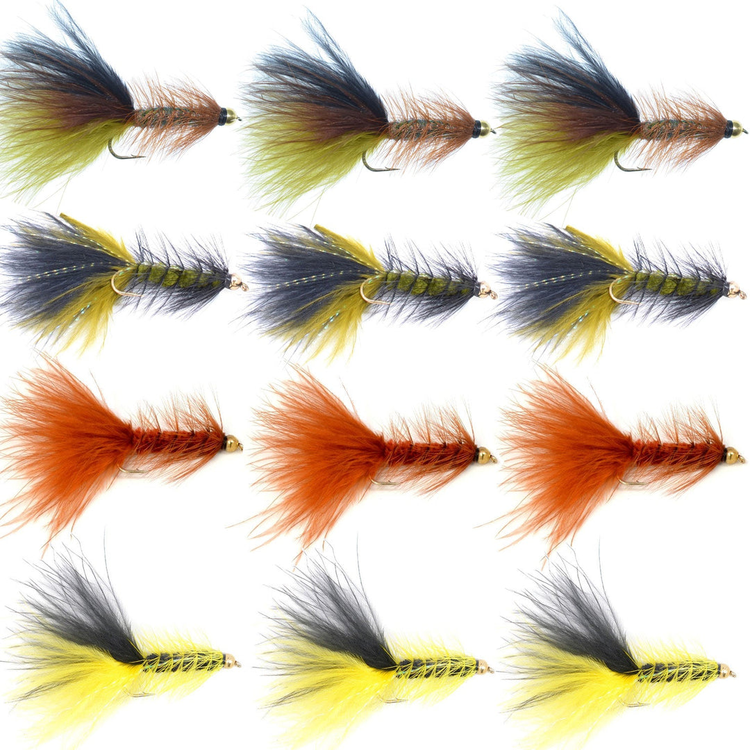 Bead Head Crystal Woolly Bugger Streamer Flies - Set of 12 Bass and Trout Flies - Hook Size 8