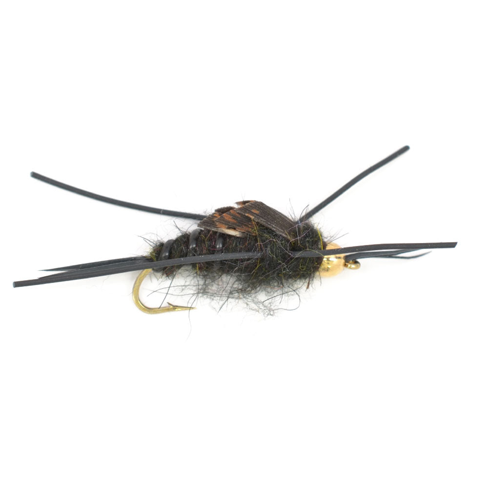 Gold Bead Kaufmann's Black Stone Fly with Rubber Legs - Stonefly Wet Fly - 6 Flies Hook Size 8