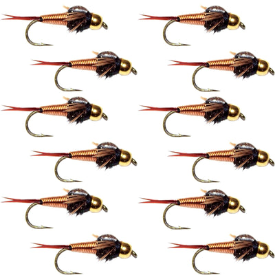 Tungsten Bead Head Copper John Nymph 1 Dozen Fly Fishing Flies - Hook Size 10