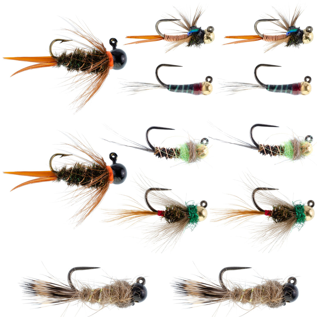 Tactical Czech Nymph Fly Fishing Flies Collection - One Dozen Tungsten Bead Euro Nymphing Fly Assortment - 2 Each of 6 Patterns - Hook Sizes 12, 14 and 16