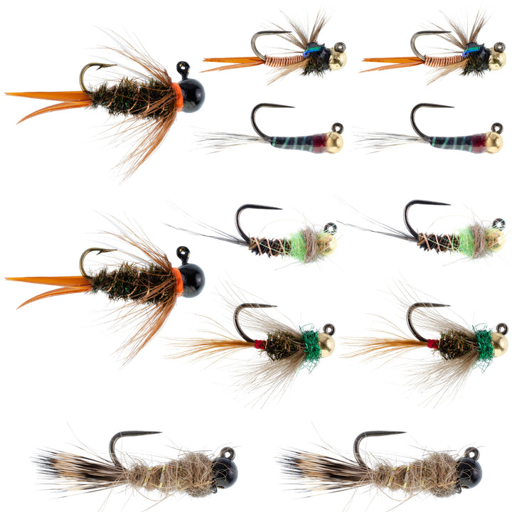 Tactical Czech Nymph Fly Fishing Flies Collection - One Dozen Tungsten Bead Euro Nymphing Fly Assortment - 2 Each of 6 Patterns - Hook Sizes 12, 14 and 16