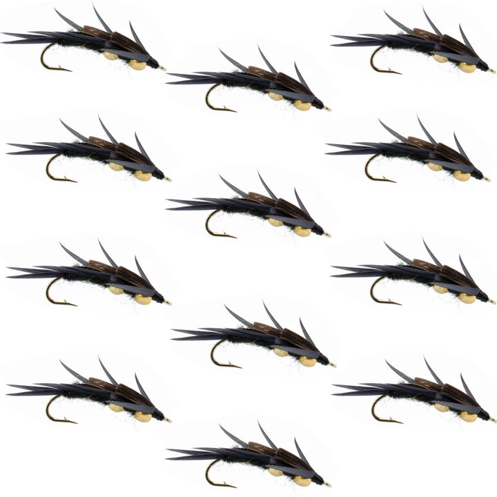 Double Bead Black Stone Fly with Black Biot Legs - Stonefly Wet Fly - 1 Dozen Flies Hook Size 10