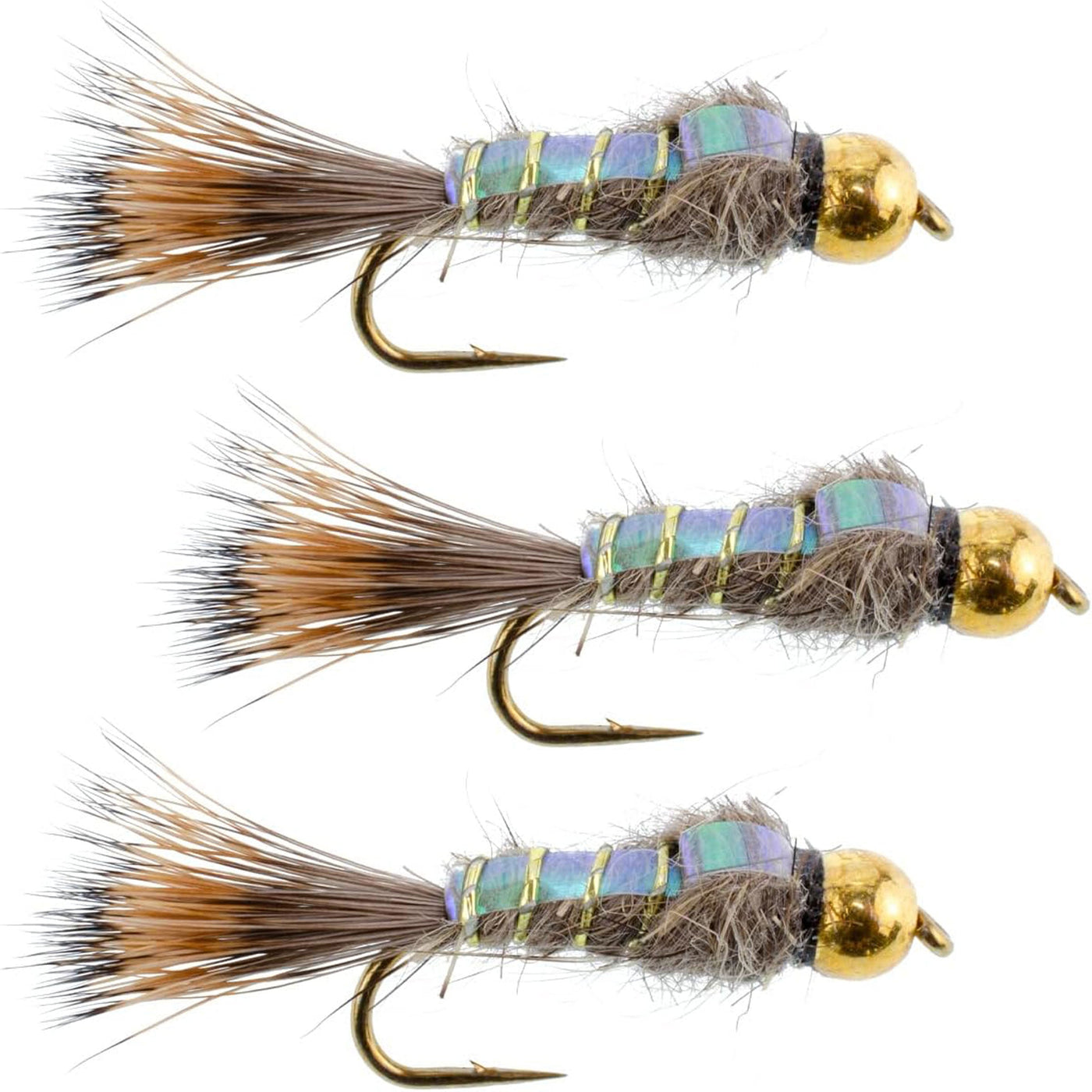 3 Pack Tungsten Bead Head Flash Back Gold Ribbed Hare's Ear Nymph Fly Fishing Flies Hook Size 16