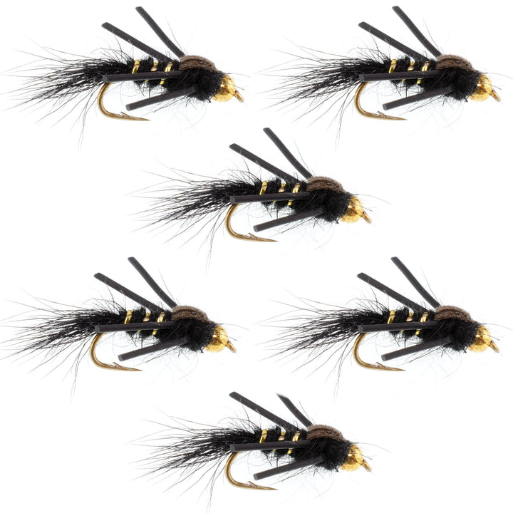 Tungsten Bead Head Rubber Legs Black Gold-Ribbed Hare's Ear Trout Fly Nymph - 6 Flies Hook Size 12