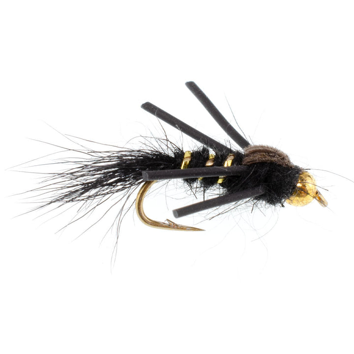 Tungsten Bead Head Rubber Legs Black Gold-Ribbed Hare's Ear Trout Fly Nymph - 6 Flies Hook Size 12