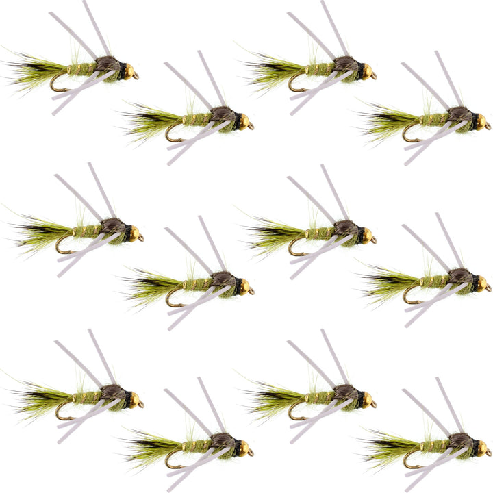 Tungsten Bead Head Rubber Legs Olive Gold-Ribbed Hare's Ear Trout Fly Nymph - 1 Dozen Flies Hook Size 14