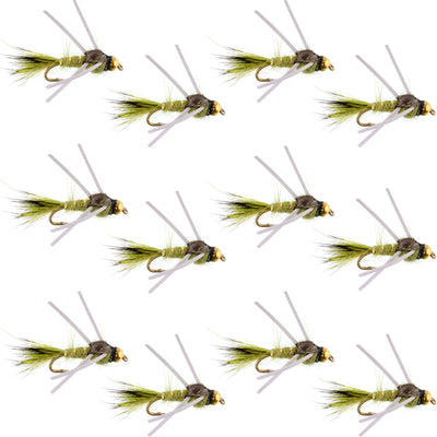 Tungsten Bead Head Rubber Legs Olive Gold-Ribbed Hare's Ear Trout Fly Nymph - 1 Dozen Flies Hook Size 14