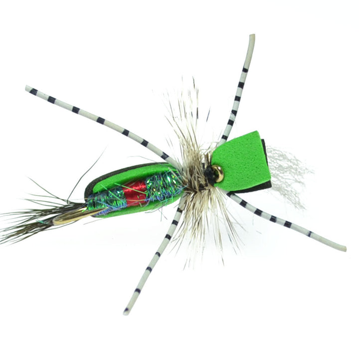 Hippie Stomper Black Green Foam Body Grasshopper Dry Fly - 4 Flies  Size 10