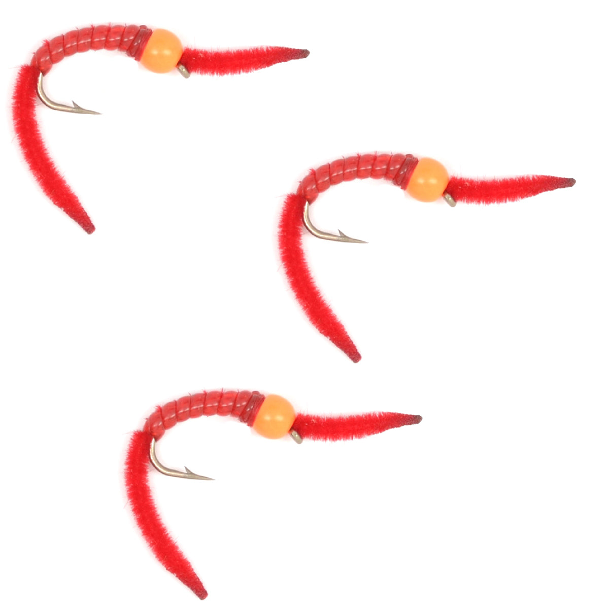 3 Pack San Juan Power Worm Hot Head Orange Bead Red V-Rib - Hook Size 12