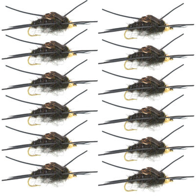 Gold Bead Kaufmann's Black Stone Fly with Rubber Legs - Stonefly Wet Fly - 1 Dozen Flies Hook Size 8