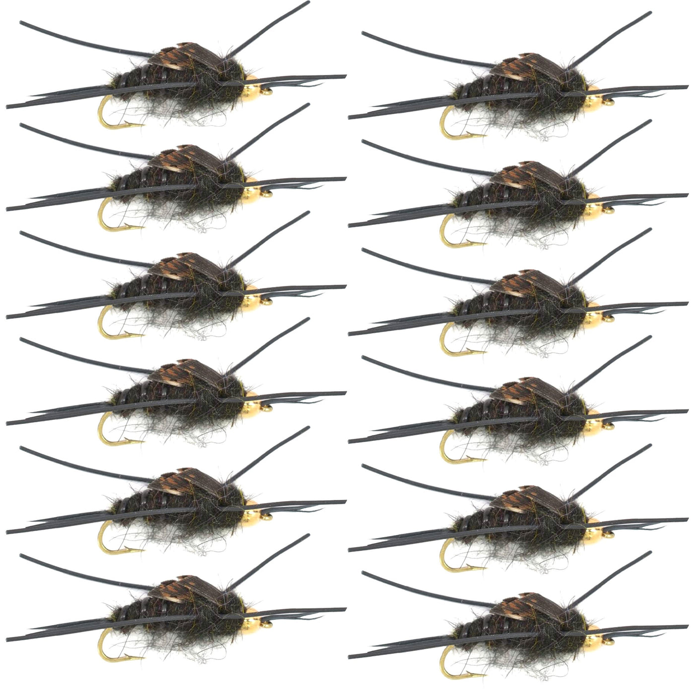 Gold Bead Kaufmann's Black Stone Fly with Rubber Legs - Stonefly Wet Fly - 1 Dozen Flies Hook Size 12