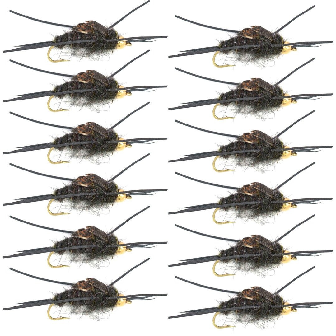 Gold Bead Kaufmann's Black Stone Fly with Rubber Legs - Stonefly Wet Fly - 1 Dozen Flies Hook Size 10