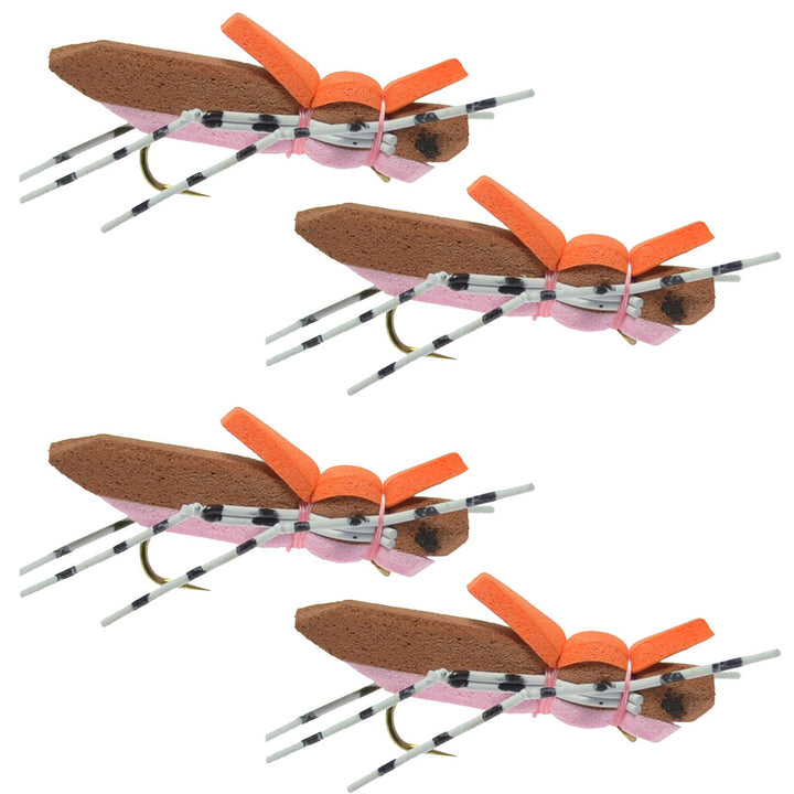 4 Pack Moorish Hopper Brown Pink Foam Body Grasshopper Fly - Hook Size 10