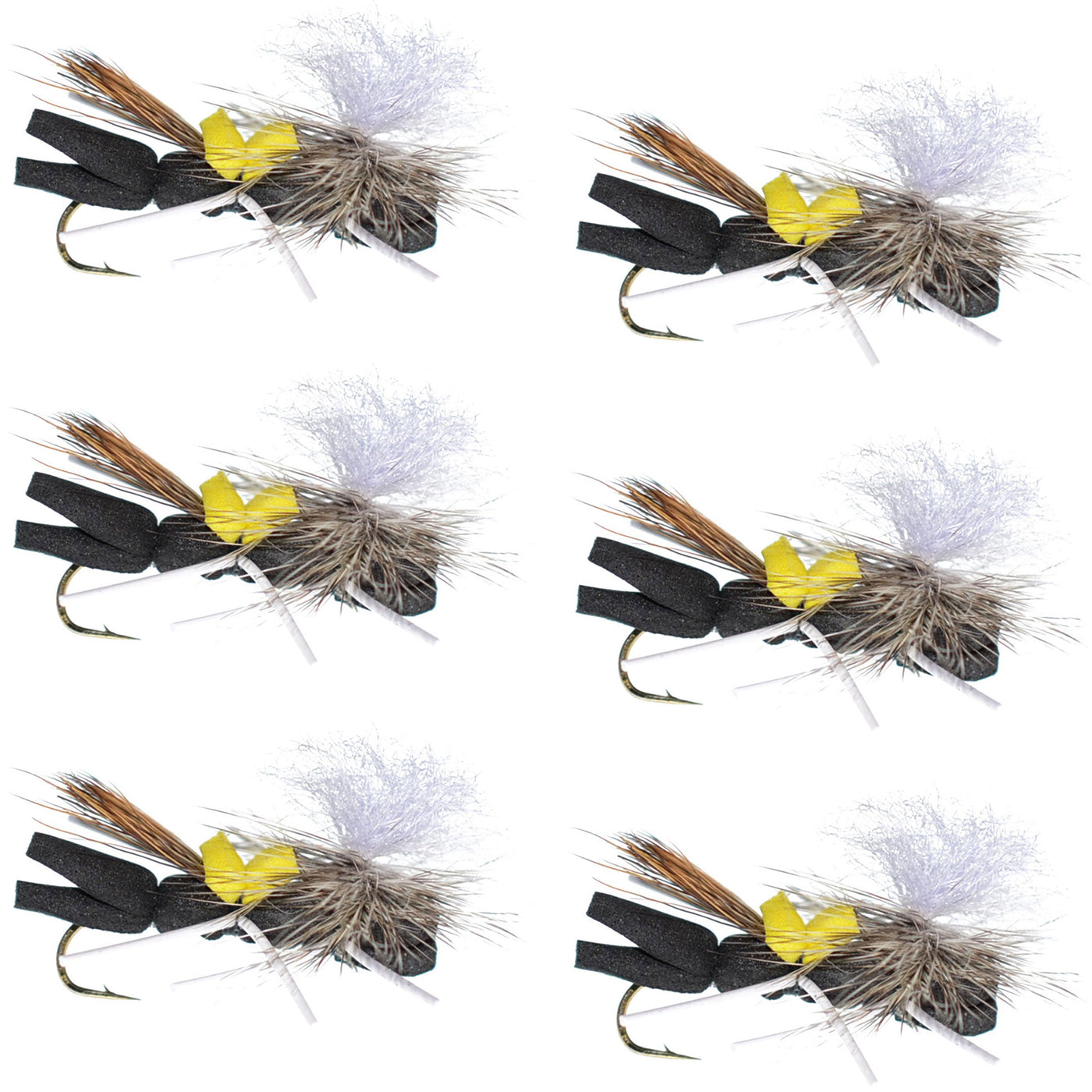 Parachute Chernobyl Ant Black Yellow Top Foam Body Grasshopper Fly 6 Flies Hook Size 10