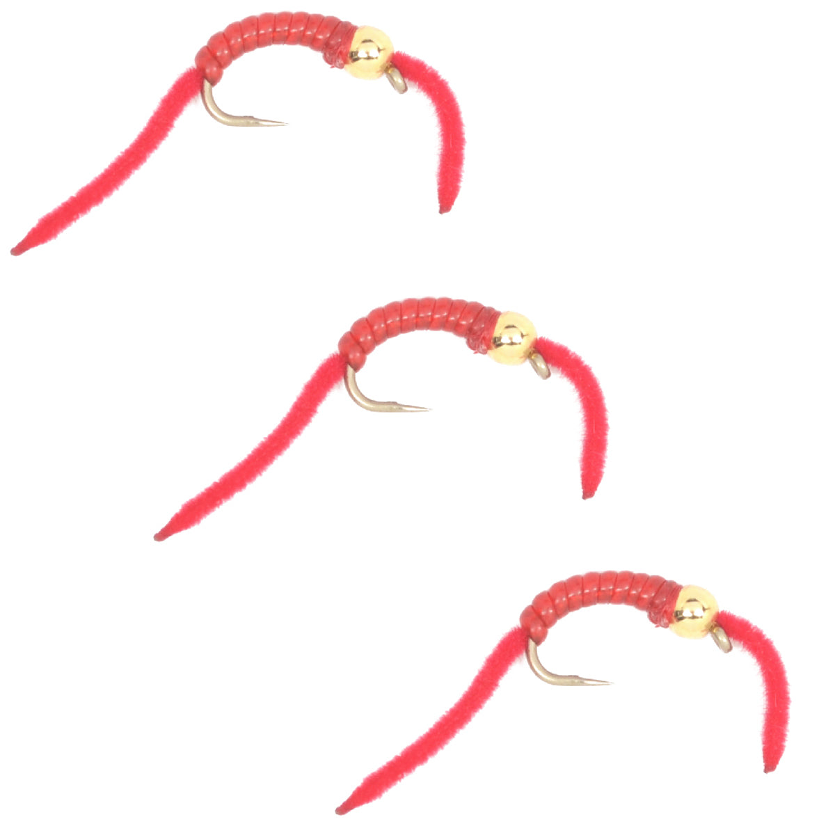 3 Pack San Juan Power Worm Gold Bead Head Red V-Rib - Hook Size 10