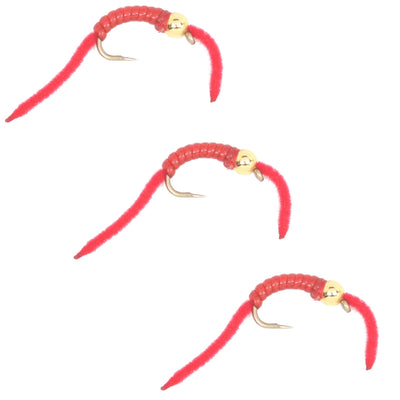 3 Pack San Juan Power Worm Gold Bead Head Red V-Rib - Hook Size 10