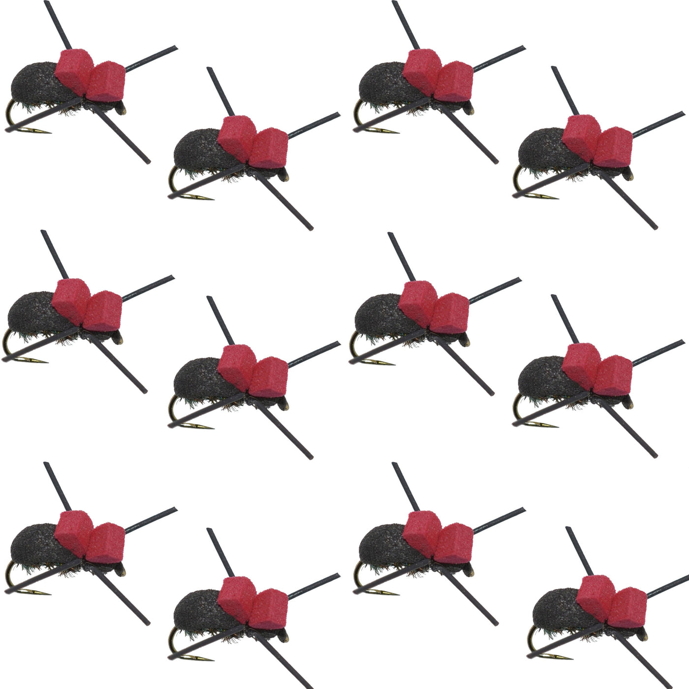 Red Top Black Foam Beetle Terrestrial Trout Dry Fly Fishing Flies - 1 Dozen Flies Size 14