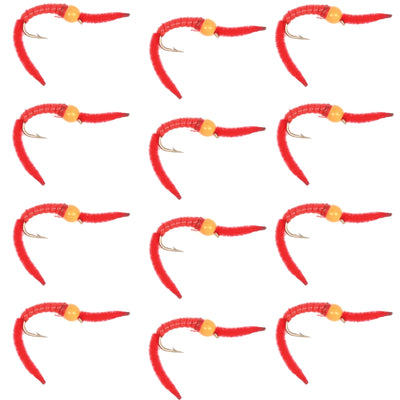 San Juan Worm Orange Bead Head Power Worm Red V-Rib - 1 Dozen Nymph Flies Hook Size 12