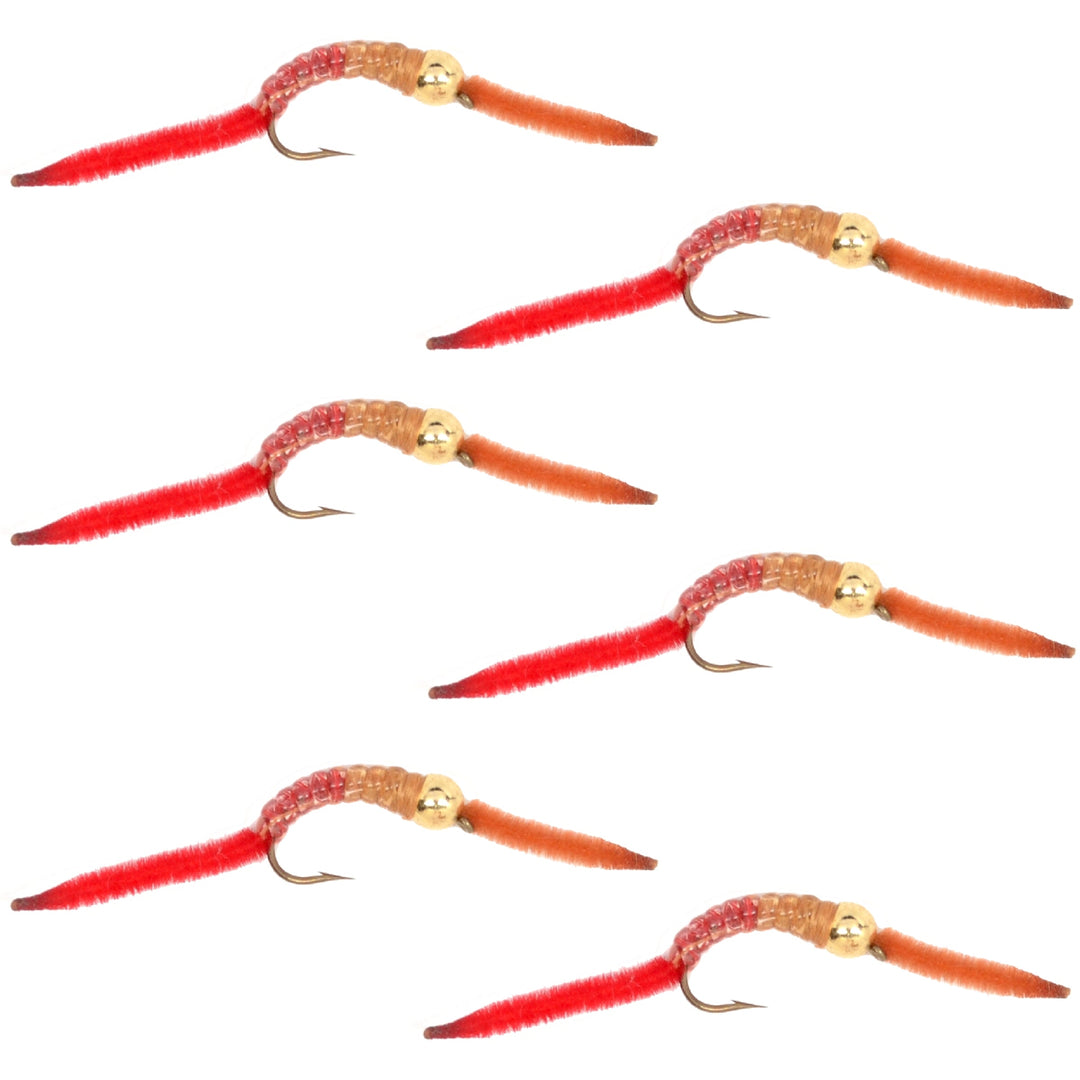 San Juan Worm Gold Bead Power Worm  Half and Half - Set of 6 Nymph Flies Hook Size 14