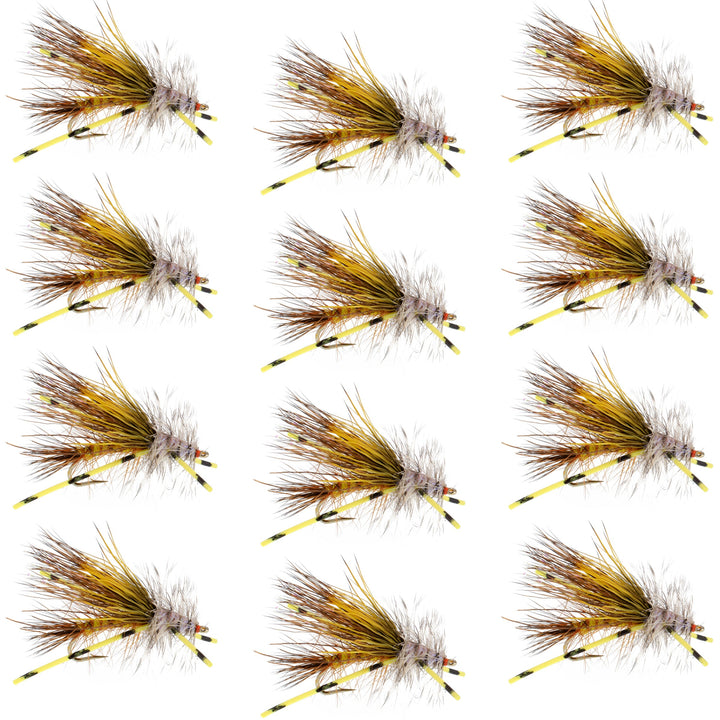 Kaufmann's Yellow Crystal Stimulator Rubber Legs Dry Fly - 1 Dozen Flies Hook Size 10