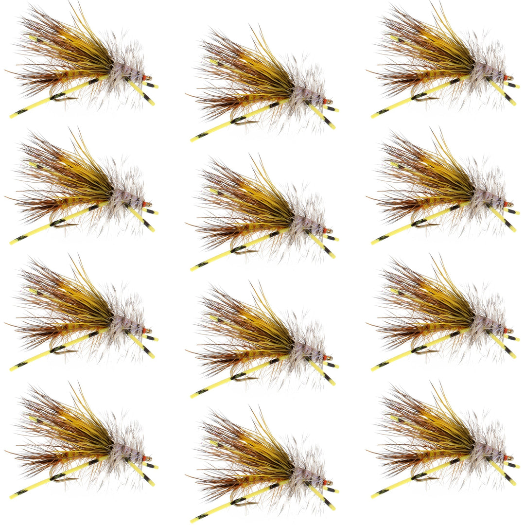 Kaufmann's Yellow Crystal Stimulator Rubber Legs Dry Fly - 1 Dozen Flies Hook Size 14