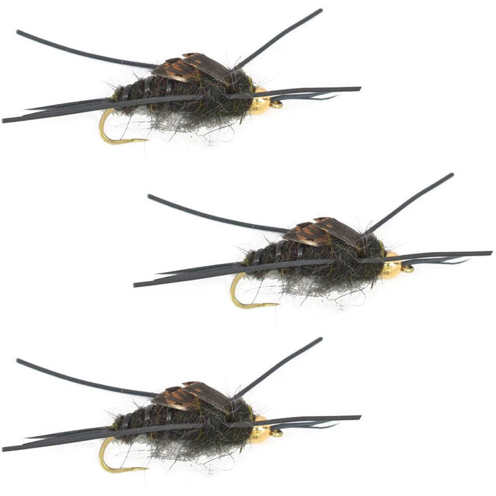 3 Pack Barbless Gold Bead Kaufmann's Black Stone Fly with Rubber Legs - Stonefly Wet Fly - Hook Size 8