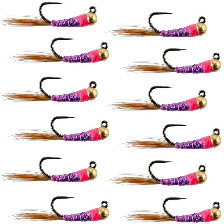 Tungsten Bead Hot Spot Purple Perdigon Tactical Jig Spanish Czech Euro Nymph Fly - 1 Dozen Flies Size 14