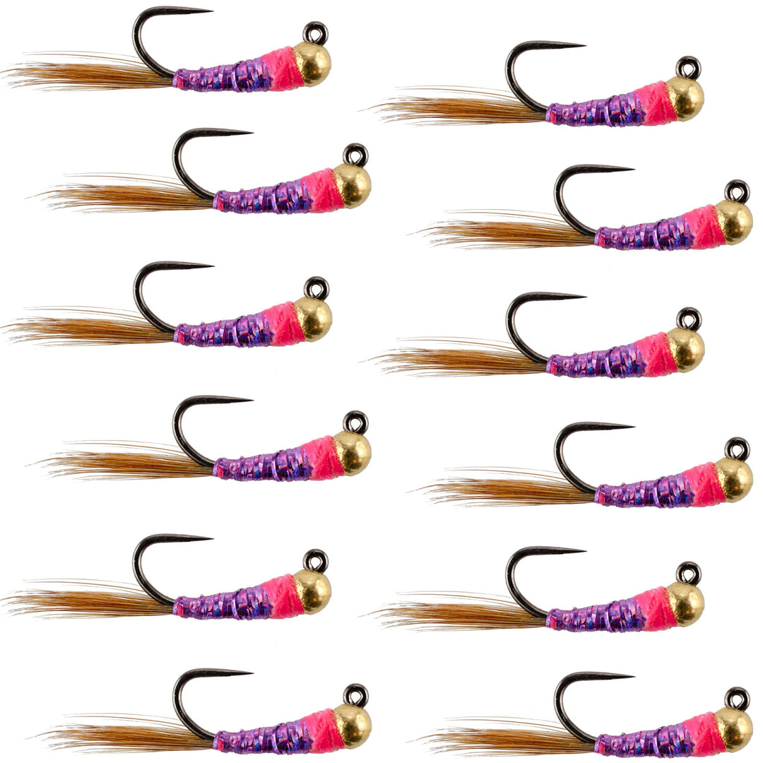 Tungsten Bead Hot Spot Purple Perdigon Tactical Jig Spanish Czech Euro Nymph Fly - 1 Dozen Flies Size 16