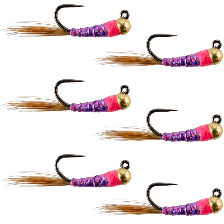 Tungsten Bead Hot Spot Purple Perdigon Tactical Jig Spanish Czech Euro Nymph Fly - 6 Flies Size 16