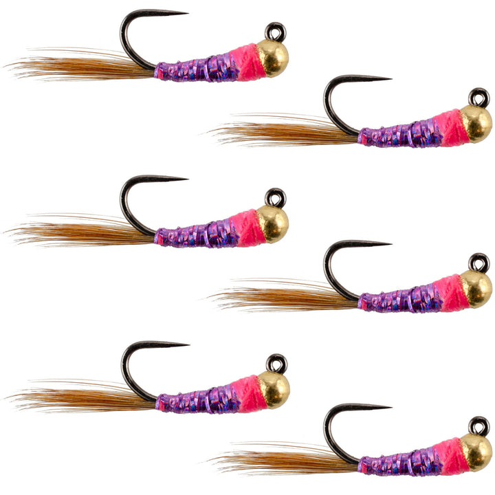 Tungsten Bead Hot Spot Purple Perdigon Tactical Jig Spanish Czech Euro Nymph Fly - 6 Flies Size 14