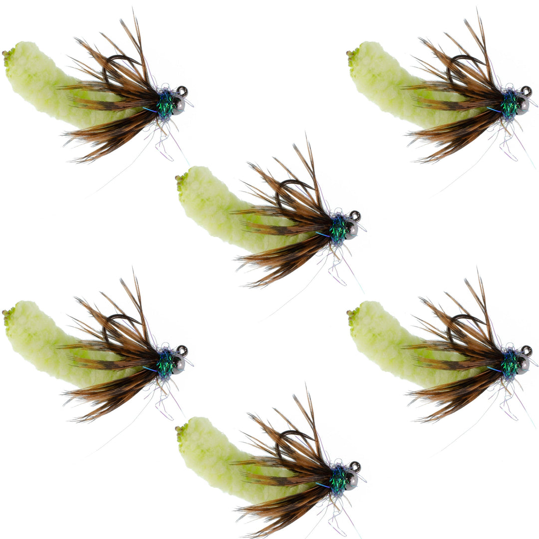 Tungsten Bead Chartreuse Mop Fly Tactical Jig Czech Euro Nymph Barbless Fly - 6 Flies Size 14