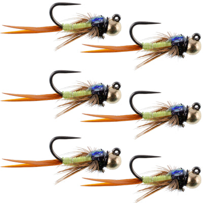 Tungsten Bead Tactical Jig Copper John Chartreuse Czech Nymph Euro Nymphing Fly - 6 Flies Size 14