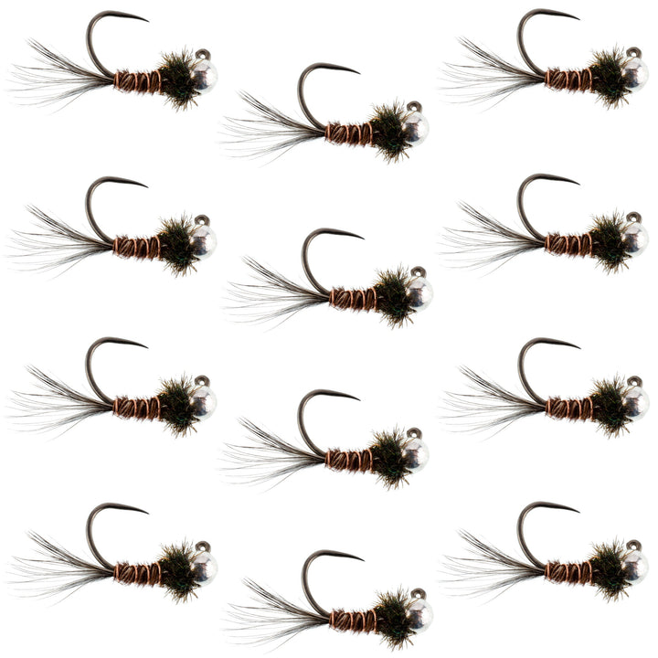 Tungsten Bead Pheasant Tail Tactical Jig Czech Nymph Euro Nymphing Fly - 1 Dozen Flies Size 14