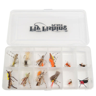 Trout Fly Assortment - Essential Terrestrials Fly Fishing Flies Collection - Includes Foam Hoppers, Ants, Beetles, and Cicadas - 1 Dozen Trout Flies with Fly Box