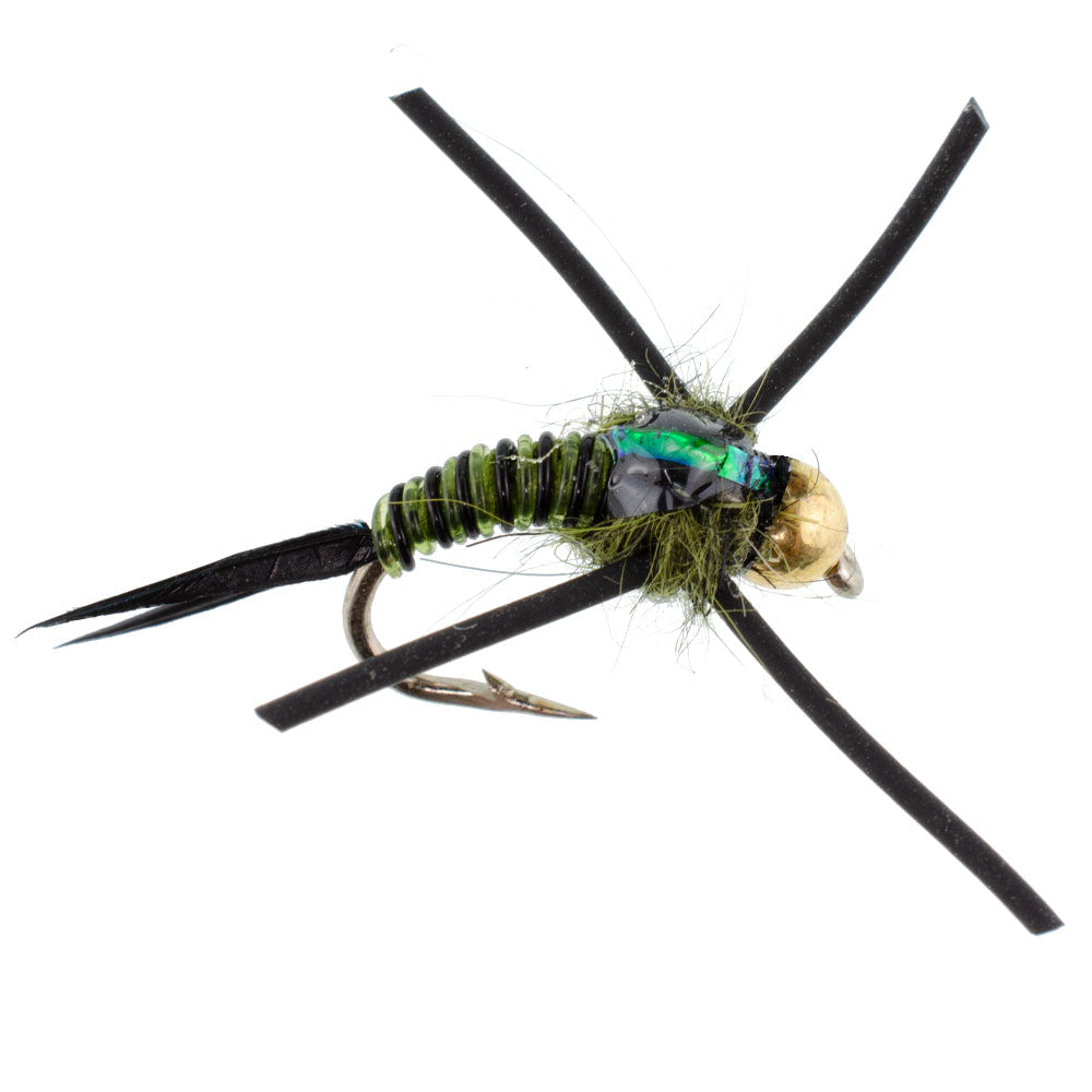 Tungsten Bead Head Rubber Legs Black Olive Zebra Copper John Nymph Fly Fishing Flies - Set of 6 Flies Hook Size 14