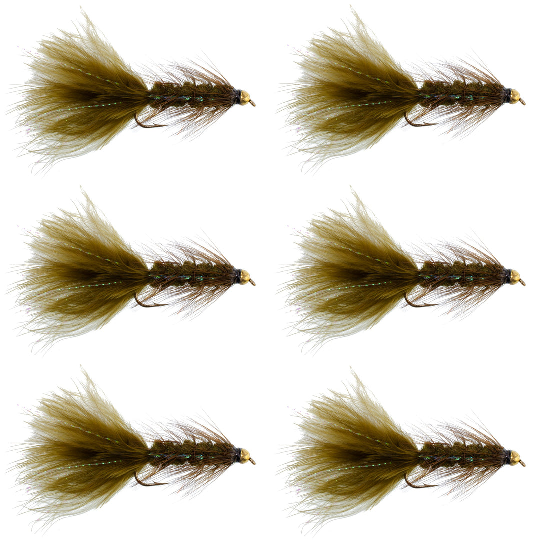 Dark Olive Bead Head Crystal Woolly Bugger Classic Streamer Flies - Set of 6 Trout Fly Fishing Flies - Hook Size 8