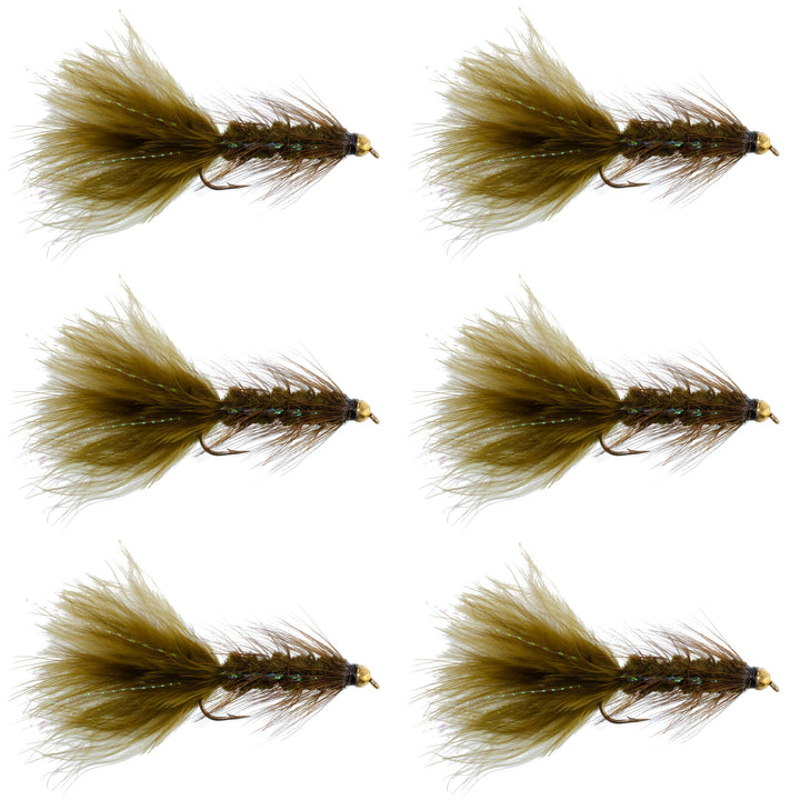 Dark Olive Bead Head Crystal Woolly Bugger Classic Streamer Flies - Set of 6 Trout Fly Fishing Flies - Hook Size 8